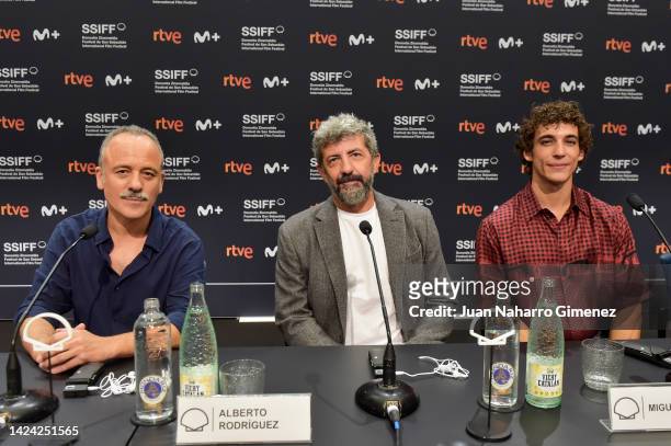 Actor Javier Gutierrez , director Alberto Rodriguez and Miguel Herran speaks during the “Modelo 77” press conference during 70th San Sebastian Film...