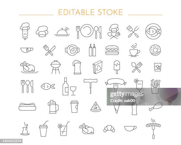 fast food icon set. editable stroke. - table knife stock illustrations