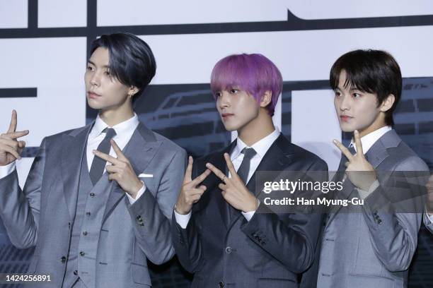 Members of boy band NCT 127 attends Boy Band NCT 127 4th album '2 BADDIES' press conference at Sofitel Ambassador Seoul on September 16, 2022 in...