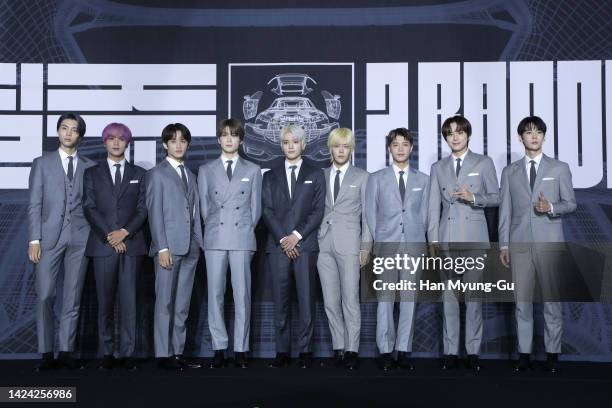 Members of boy band NCT 127 attends Boy Band NCT 127 4th album '2 BADDIES' press conference at Sofitel Ambassador Seoul on September 16, 2022 in...