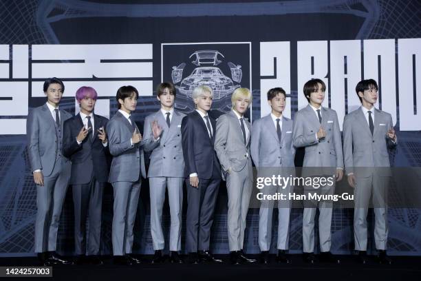 Members of boy band NCT 127 attends Boy Band NCT 127 4th album '2 BADDIES' press conference at Sofitel Ambassador Seoul on September 16, 2022 in...