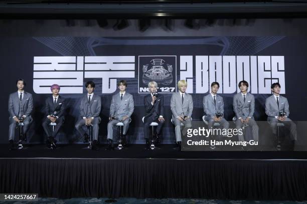 Members of boy band NCT 127 attends Boy Band NCT 127 4th album '2 BADDIES' press conference at Sofitel Ambassador Seoul on September 16, 2022 in...