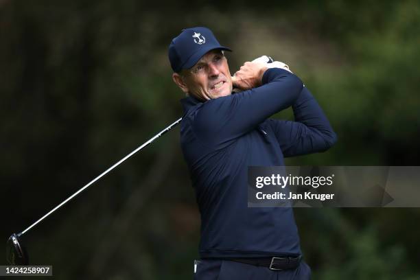 David Higgins of the Great Britain & Ireland PGA Cup Team in action on Day One of the 2022 PGA Cup at Foxhills Golf Course on September 16, 2022 in...