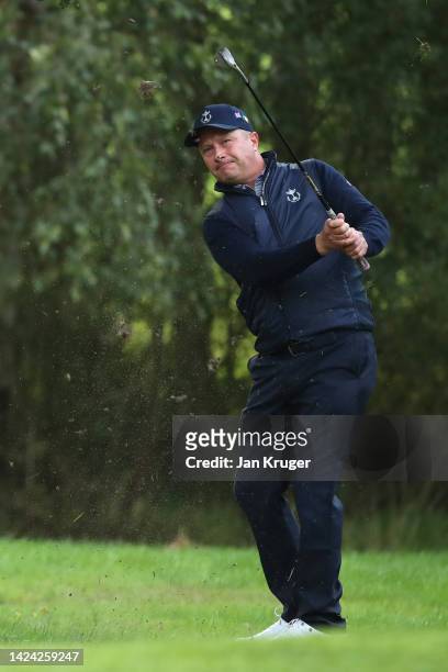 Greig Hutcheon of the Great Britain & Ireland PGA Cup Team in action on Day One of the 2022 PGA Cup at Foxhills Golf Course on September 16, 2022 in...