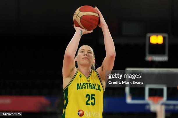 Lauren Jackson of Australia shoots the ball during the 2022 FIBA Women's Basketball World Cup Test Event match between Australia and France at Quay...