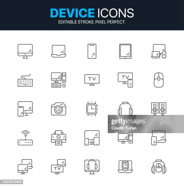 device icon set. set of 25 technology, electronics and devices web icons in line style. phone, laptop, communication, smartphone, device, computer monitor and more vector - retail display 幅插畫檔、美工圖案、卡通及圖標