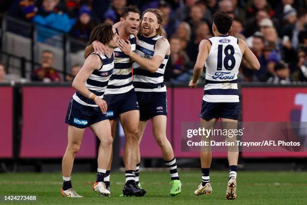 Tom Hawkins of the Cats celebrates a goal during the AFL First Preliminary match between the Geelong Cats and the Brisbane Lions at Melbourne Cricket...