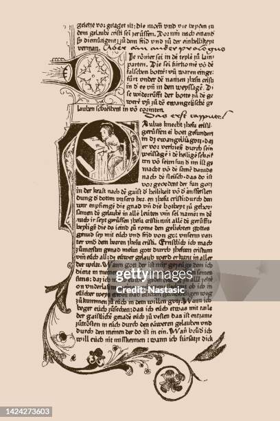 ilustraciones, imágenes clip art, dibujos animados e iconos de stock de comienzo de la epístola a los romanos de la primera biblia alemana impresa de 1462. en la biblioteca universitaria de heidelberg - circa 14th century