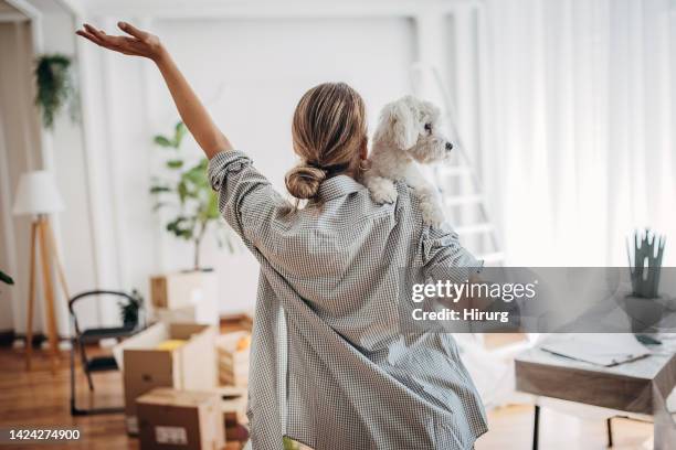 woman with her dog in new home - uitpakken activiteit stockfoto's en -beelden