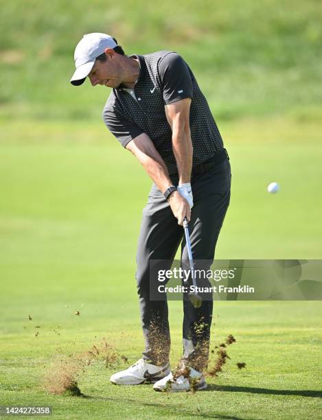 Rory McIlroy of Northern Ireland hits his second shot on the 3rd hole on Day Two of the DS Automobiles Italian Open 2022 at Marco Simone Golf Club on...
