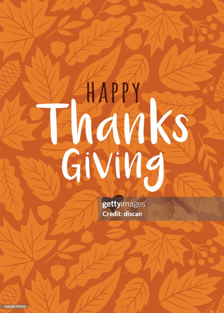 Happy Thanksgiving card with autumn leaves background.