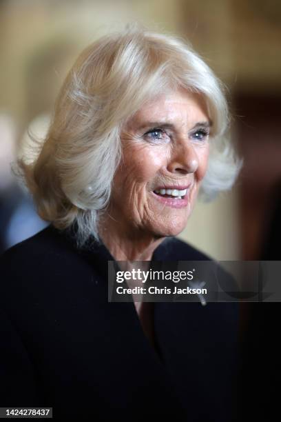 Camilla, Queen Consort is seen during a reception for local charities at Cardiff Castle on September 16, 2022 in Cardiff, Wales. King Charles III is...