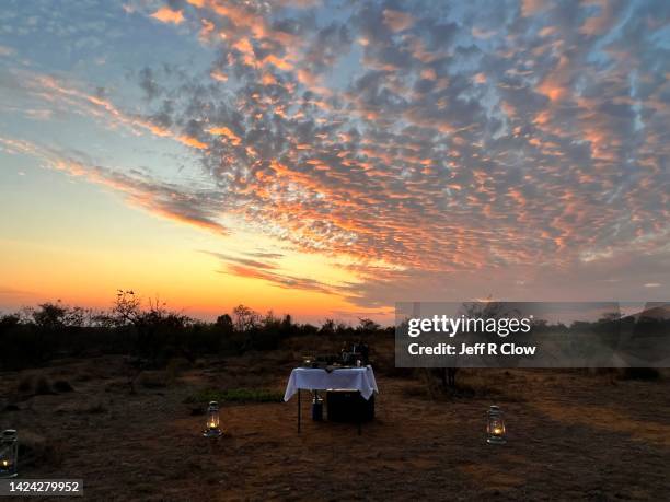 sunset cocktail table in the bush of africa - bosveld van zuidelijk afrika stockfoto's en -beelden