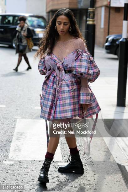 Ciinderella Balthazar tartan dress, black boots at Bora Aksu at London Scottish House during London Fashion Week September 2022 on September 16, 2022...