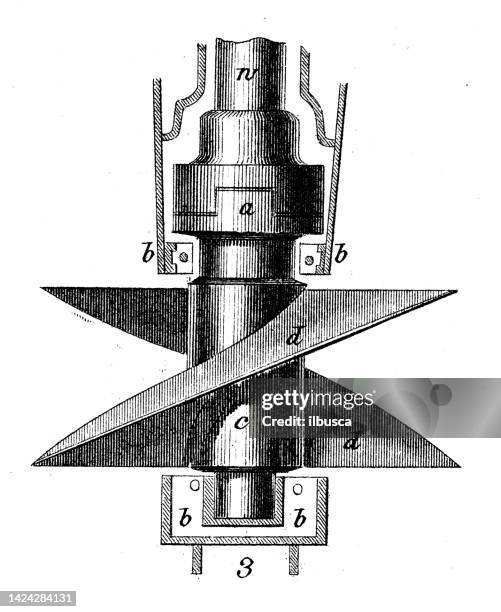 antique illustration, applied mechanics: steam powered machines, ship engine, propeller helix and wheel - propeller and ship drawing stock illustrations