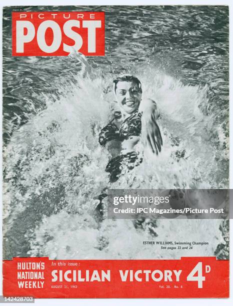 American swimmer and actress Esther Williams features on the the cover of Picture Post magazine, August 1943. She is seen swimming at the Beverly...