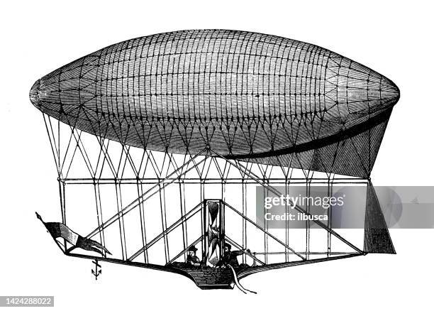 antique illustration, applied mechanics: air vehicles, dupuy de lome air balloon - airship stock illustrations