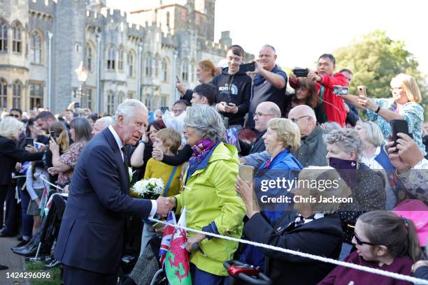 King Charles III meets with members of the public at Cardiff Castle on September 16, 2022 in Cardiff, Wales. King Charles III is visiting Wales for...