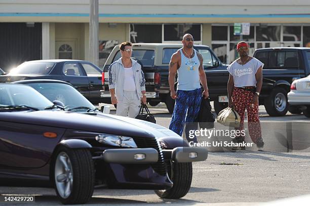 Mark Wahlberg and Dwayne "The Rock" Johnson and Anthony Mackie are sighted on the set of "Pain And Gain" on April 4, 2012 in Miami, Florida.