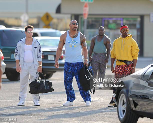 Mark Wahlberg and Dwayne "The Rock" Johnson and Anthony Mackie are sighted on the set of "Pain And Gain" on April 4, 2012 in Miami, Florida.
