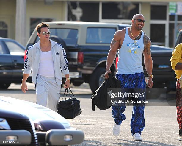Mark Wahlberg and Dwayne "The Rock" Johnson are sighted on the set of "Pain And Gain" on April 4, 2012 in Miami, Florida.