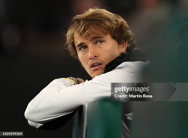 Injured player of Germany Alexander Zverev reacts during the Davis Cup Group Stage 2022 Hamburg match between Germany and Belgium at Rothenbaum on...
