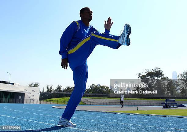 Michael Frater of Jamaica warms up ahead of a training session ahead of The 131st Stawell Gift, at Lakeside Stadium on April 5, 2012 in Melbourne,...