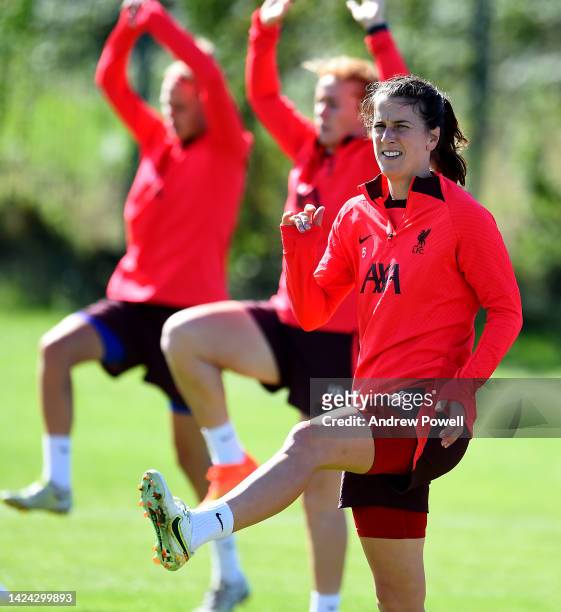 Niamh Fahey captain of Liverpool Women during a Liverpool Woman's training session at Solar Campus on September 16, 2022 in Wallasey, England.