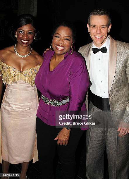 Montego Glover, Oprah Winfrey and Adam Pascal pose backstage at the musical "Memphis" at The Shubert Theater on April 4, 2012 in New York City. )