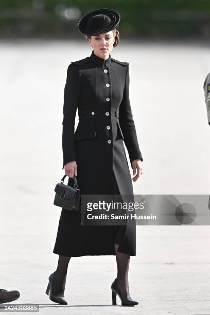 Catherine, Princess of Wales at Army Training Centre Pirbright on September 16, 2022 in Guildford, England. The Prince and Princess of Wales are...