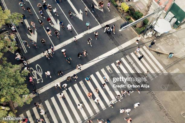 vue aérienne de la ville de coureurs de marathon - zebra photos et images de collection