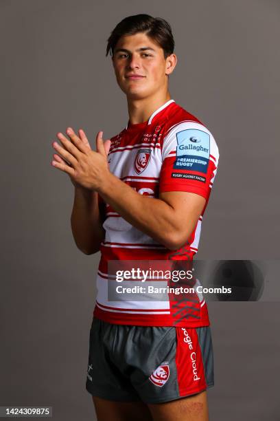 Louis Rees-Zammit poses for a portrait during the Gloucester Rugby squad photocall for the 2022-2023 Gallagher Premiership Rugby season at Gloucester...