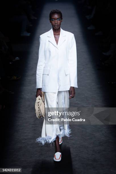 Model walks the runway at the Duarte fashion show during Mercedes Benz Fashion Week Madrid September 2022 edition at IFEMA on September 16, 2022 in...