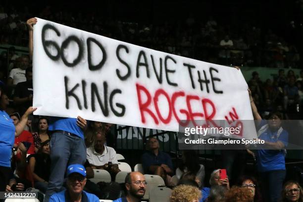 Supporters of Italy display a banner for tennis player Roger Federer of Switzerland during the Davis Cup Group Stage 2022 Bologna match between Italy...