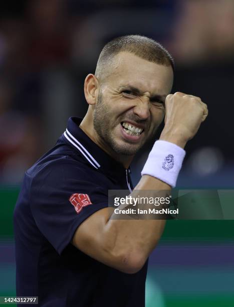 Dan Evans of Great Britain shows emotion as he wins a point in the first set during the Davis Cup Group D match between Great Britain and Netherlands...