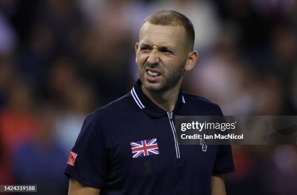 Dan Evans of Great Britain celebrates wining a point in the second set during the Davis Cup Group D match between Great Britain and Netherlands at...