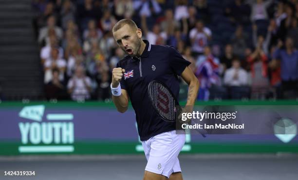 Dan Evans of Great Britain celebrates wining a point in the second set during the Davis Cup Group D match between Great Britain and Netherlands at...