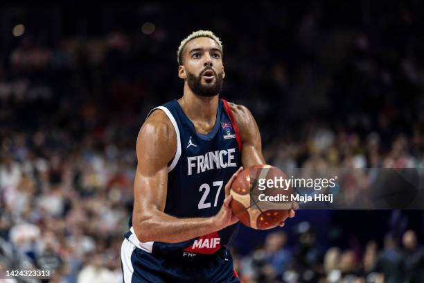 Rudy Gobert of France shoots the ball during the FIBA EuroBasket 2022 semi-final match between Poland and France at EuroBasket Arena Berlin on...