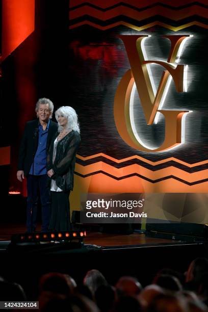 In this image released on September 16, Rodney Crowell and Emmylou Harris speak onstage for CMT Giants: Vince Gill at The Fisher Center for the...