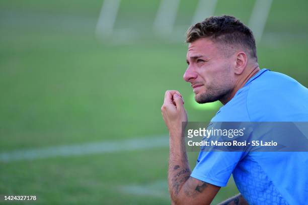 Ciro Immobile of SS Lazio gestures during the SS Lazio training session at the Garilli Stadium on September 16, 2022 in Piacenza, Italy.