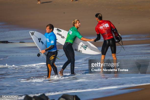 Leo Casal, Luke van Wyk and George Pittar after surfing in Heat 3 of the Round of 80 at the Ballito Pro on July 2, 2023 at Ballito, Kwazulu-Natal,...