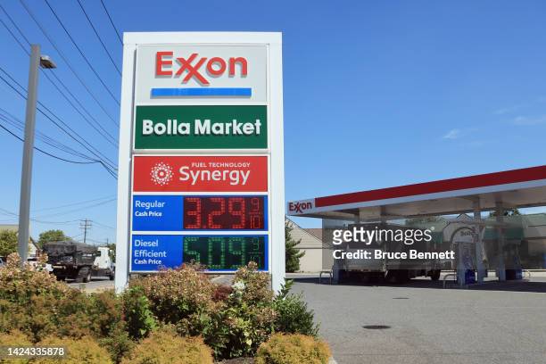 General view of a Exxon gas station on September 15, 2022 in Farmingdale, New York, United States. Many families along with businesses are suffering...