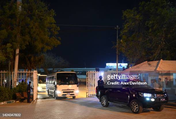 The England team bus arrives at the stadium ahead of a England Nets Session at the National Stadium on September 16, 2022 in Karachi, Pakistan.