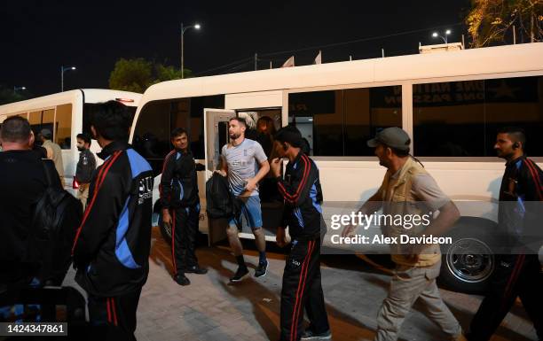 Chris Woakes of England gets off the team bus as security survey the area during a England Nets Session at the National Stadium on September 16, 2022...