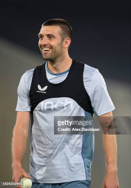 Mark Wood of England reacts during a England Nets Session at the National Stadium on September 16, 2022 in Karachi, Pakistan.