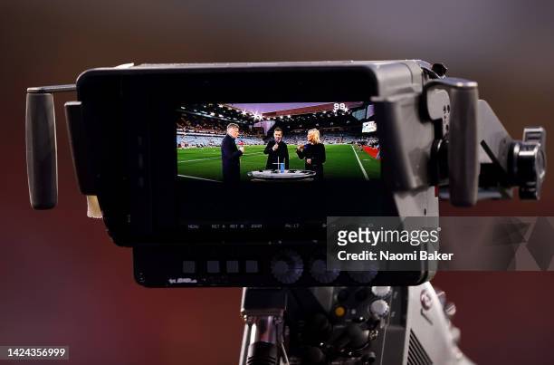 Camera is seen filming the Sky Sports Friday Night Football Team prior to the Premier League match between Aston Villa and Southampton FC at Villa...