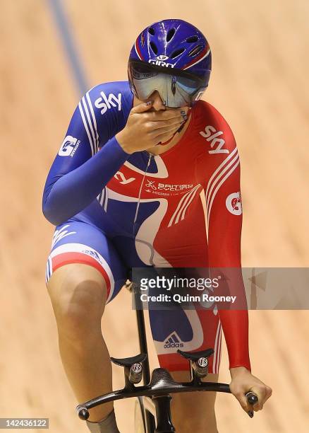 Danielle King of Great britain celebrates breaking the world record and winning the Women's Team pursuit with team mates Joanna Rowsell and Laura...