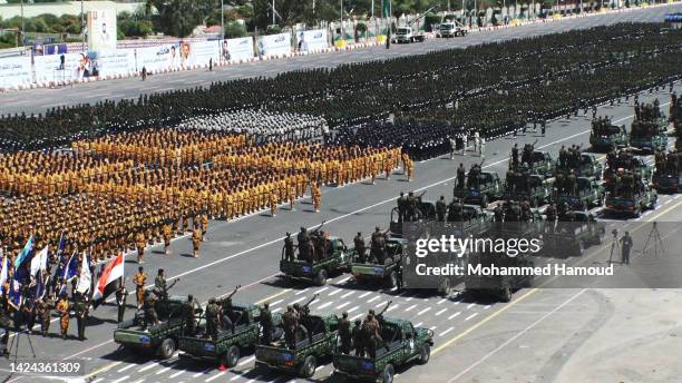 Aerial view of recruits of the Houthi movement take part in a military parade held by the movement, on September 15, 2022 in Sana'a, Yemen. Amid an...