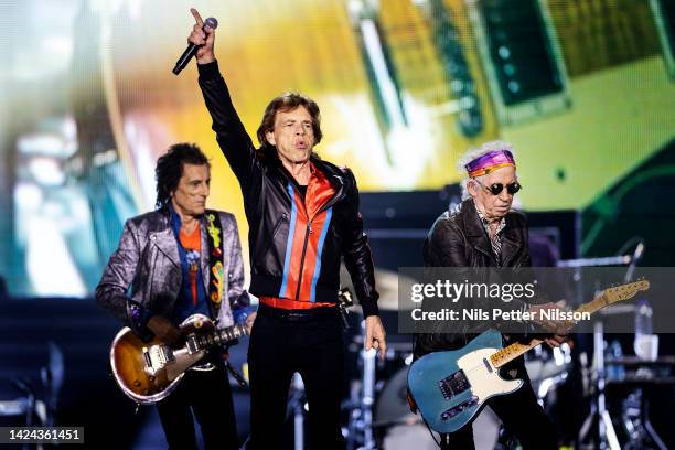 Ron Wood, Mick Jagger and Keith Richards of The Rolling Stones performs on stage during a concert as part of their 'Stones Sixty European Tour' on...