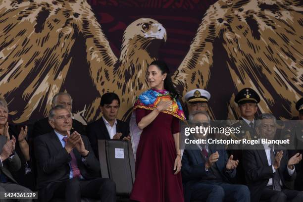 Governor of Mexico City Claudia Sheinbaum attends the annual military parade as part of the independence day celebrations at Zocalo on September 16,...